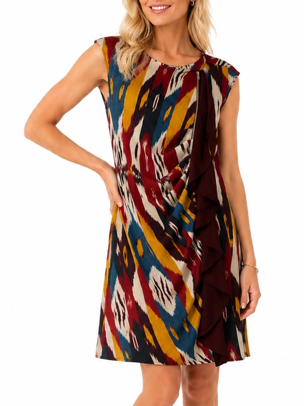 Liu Jo Jeans Abstract Print Ruffle Dress IT 44 US LARGE Italian Designer Resort